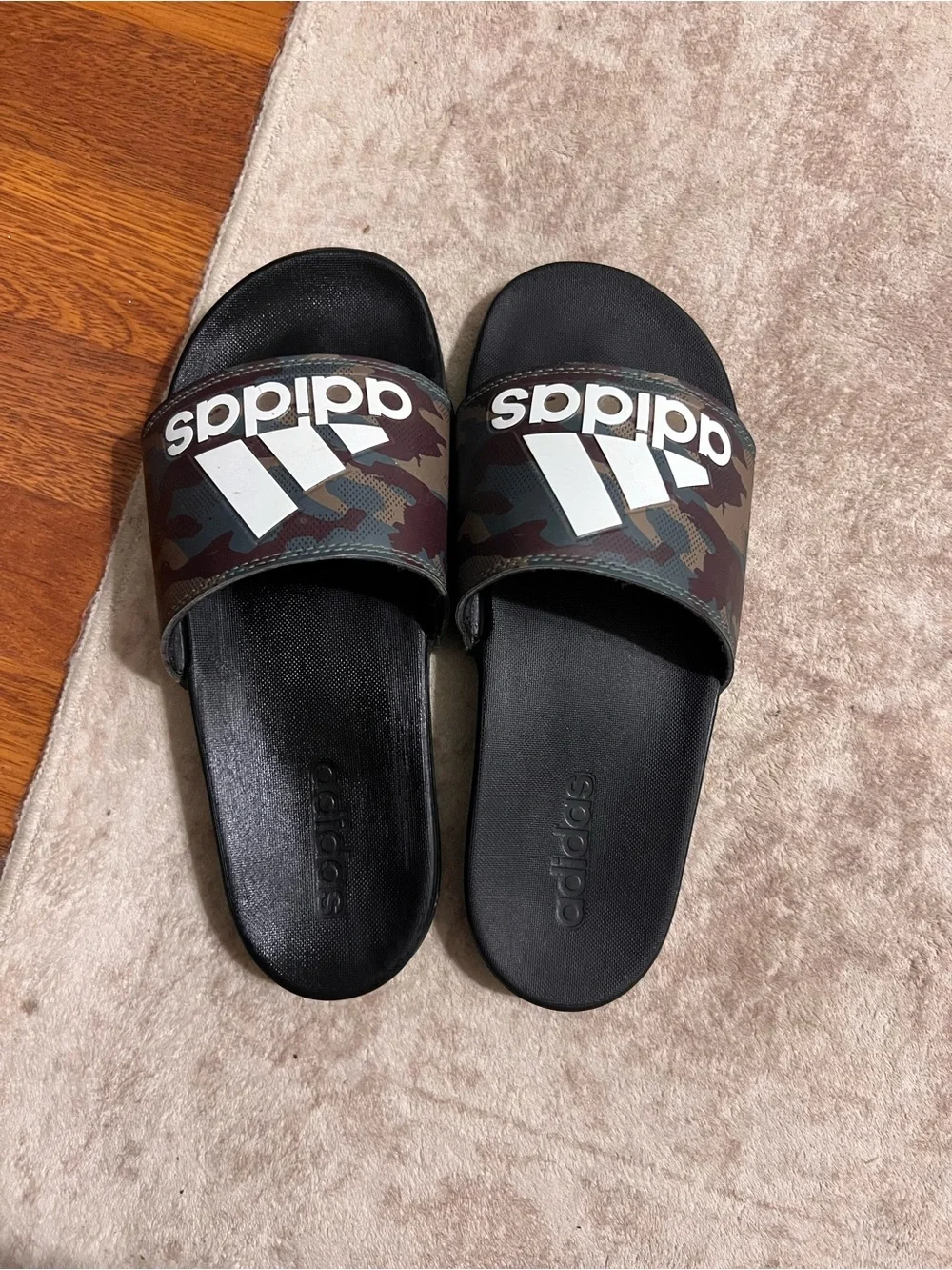 adidas Black Slides with Brown Camo Strap